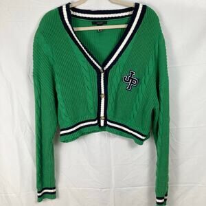 Forever 21 Womens L Green Chunky Cable Knit Varsity Crop Cardigan Tennis Preppy